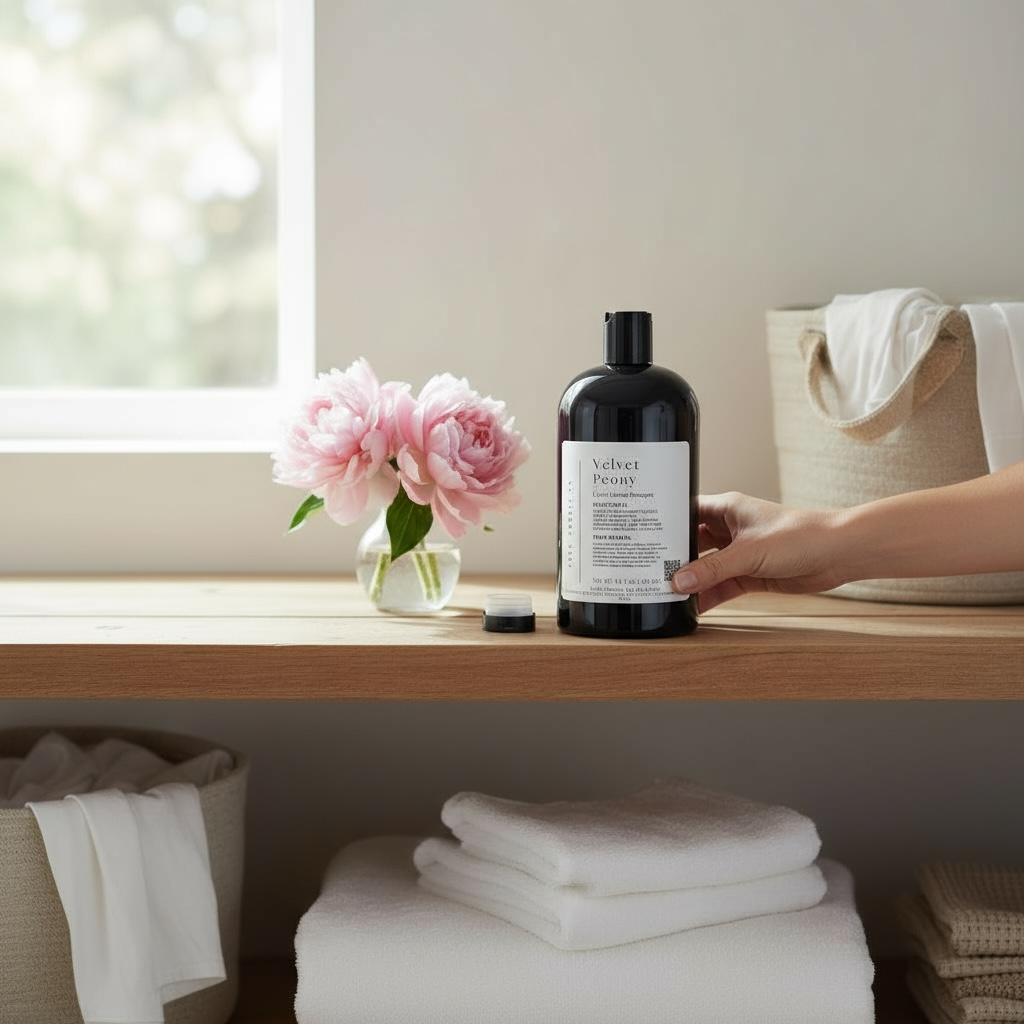 
Velvet Peony liquid laundry detergent lifestyle scene with flowers