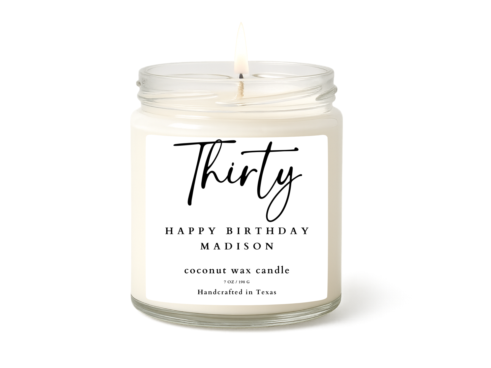 Birthday candle with personalized label on a white background