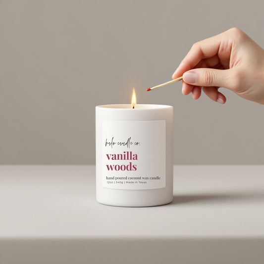 12 oz Vanilla Woods Candle in Clear Jar with Gold Lid – Coconut Wax Cozy Scent