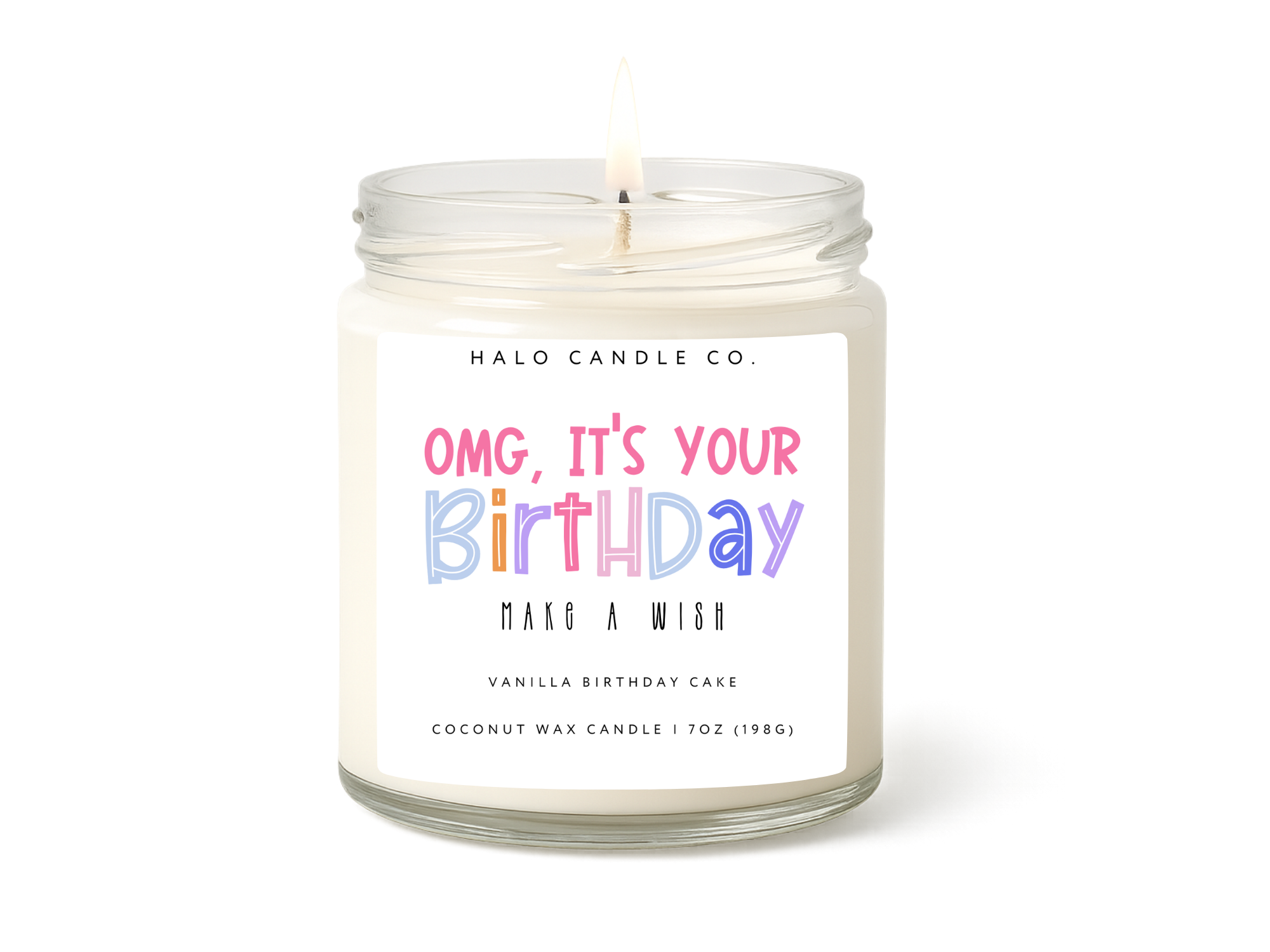 Halo Candle Co. candle with 'OMG, It's Your Birthday' label on a white background
