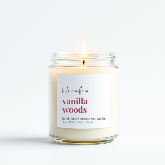 7 oz Vanilla Woods Candle in Clear Jar with Gold Lid - Hand-Poured Coconut Wax