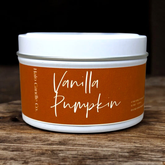 Vanilla Pumpkin – 6 oz Matte White Tin Candle | Hand-Poured Coconut Wax