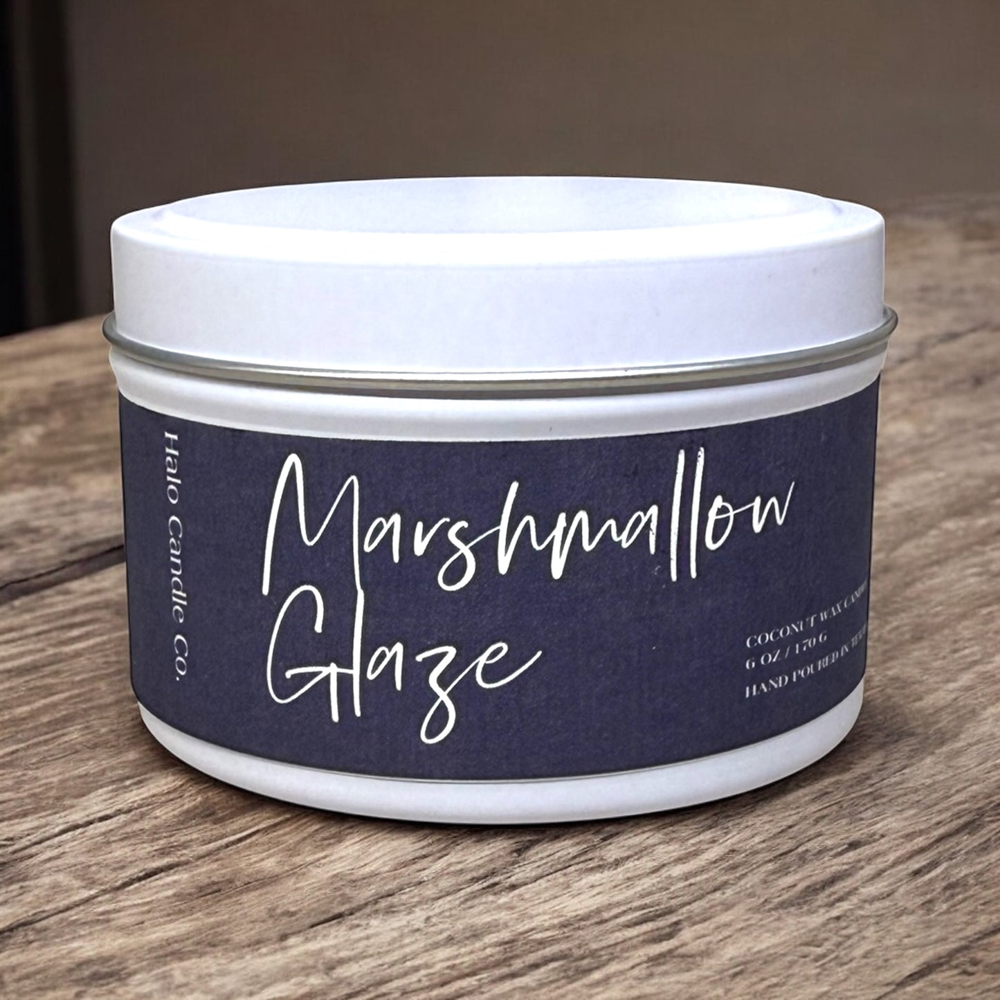 Marshmallow Glaze – 6 oz White Tin Travel Candle | Sugared Caramel & Patchouli