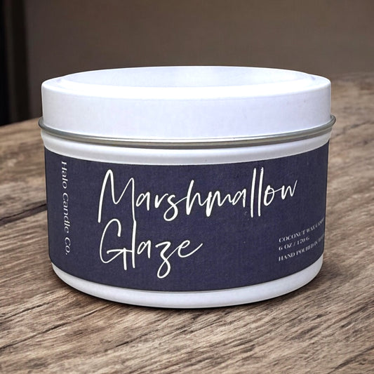Marshmallow Glaze – 6 oz White Tin Travel Candle | Sugared Caramel & Patchouli