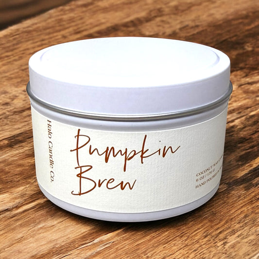 Pumpkin Brew – 6 oz Matte White Tin Candle | Pumpkin Spice Latte Scent